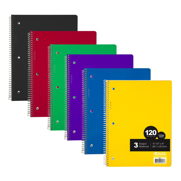 Notebook 3-Subject/Spiral Assorted Colors 120 Sheets