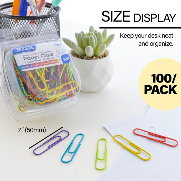 Paper Clips-Assorted Colors (Vynil Coated)/Jumbo 100ct.