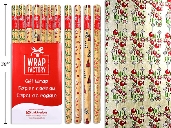 Wrap 30in x 72in Xmas Kraft Paper Printed Single Roll 4 Asst.Styles. 49 Rolls/Display., MOQ:49