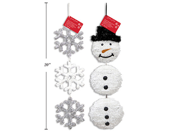Plaque  3-Section Tinsel w/Satin Hanger. 2 Asst: Snowflake/ Snowman.Cht., MOQ:12
