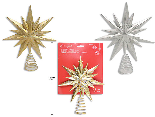 Tree Topper 10-1/8in x 8.25in Xmas 3-Layered Metal Coffetti 2 Asst: Gold / Silver. T.o.c., MOQ:24