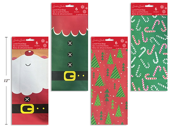 Treat Bags 8pk 10in(H) x 5.25in(W) Xmas Lunch 4 Asst. Styles. 3.25in (Gusset). Pbh., MOQ:24