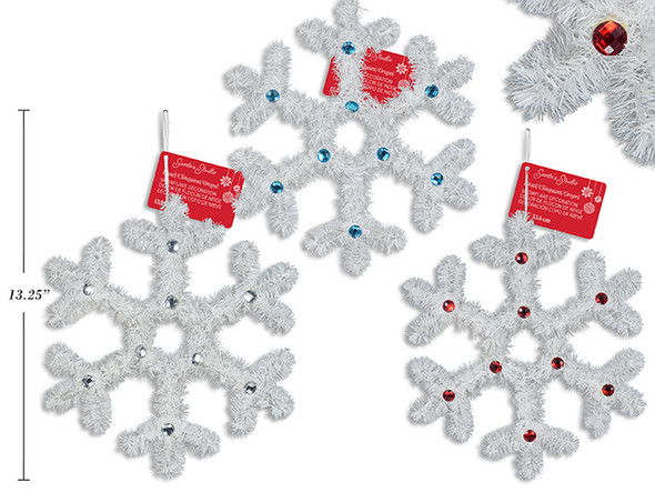 Hanging Decoration- White Snowflake w/Jewels 13.25in Tinsel 3 Asst. Cht., MOQ:12