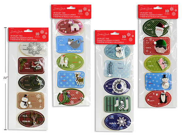Gift Tags 10pk Xmas Glitter / Foil Tip-On 5 Asst Styles / Pk. Tip-On Bell / Pom Pom. 4 Asst. Pbh., MOQ:12