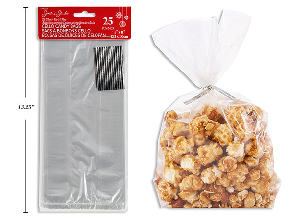 Cello Candy Bags 25pk 11in x 5in Clear w/25 Silver Twist Ties , MOQ:12