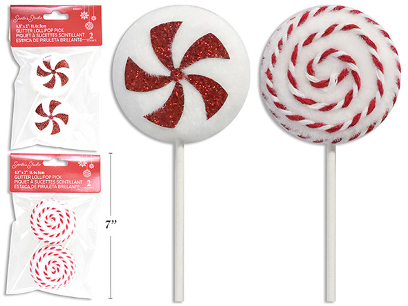 Picks 2pk 4.5in x 2in Xmas Cotton Swirl / Glitter Lollipop 2 Asst.Styles. Pbh., MOQ:24