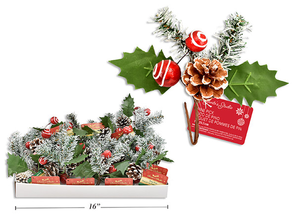 Picks 8in Xmas Pine w/Snow Dusted Pine Cone & 2 Berries in Dsp. Cht. 48/Dsp, MOQ:48