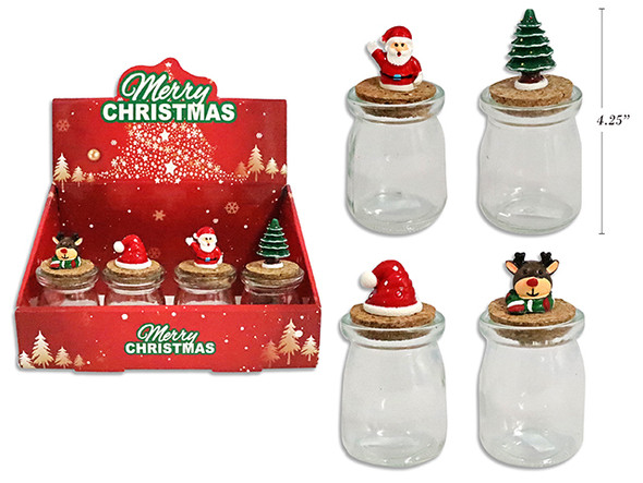 Glass Bottle w/Figure Lid. 2in(TD) x 4.25in(H) Xmas Decorative  1-7/8in(BD). 4 Asst. 12/Dsp. English Only, MOQ:12