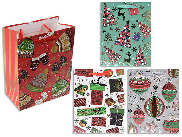 Gift Bags Large Matte Goil Foil Hotstamp Xmas Pattern  PP Handle. 4 Asst. J-hook., MOQ:12