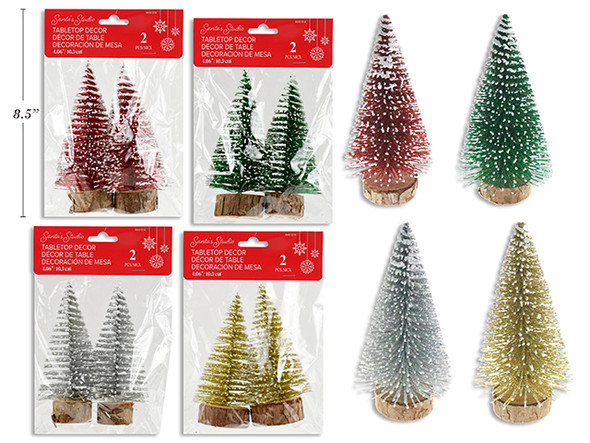 Tree Decoration w/Wooden Base 2pk 4.06in Snow Tipped Bottle Brush 4 Asst. Pbh., MOQ:12
