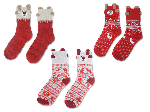 Socks w/ 3-D Ears 12.4in Ladies Jacquard Xmas Character Printed Printed 3 Asst. J-hook w/ h/c., MOQ:12