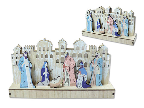 Tabletop Decoration-Nativity Scene 9.8in B/O 8-LED Xmas 2-Layered Die-Cut Wooden Cht., MOQ:6