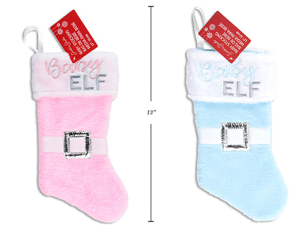 Stocking w/Belt Embellishment. 6.5in(W) 13in Xmas Baby Plush Embroidered. 2 Asst.J-Hook w/Cht. English Only, MOQ:12