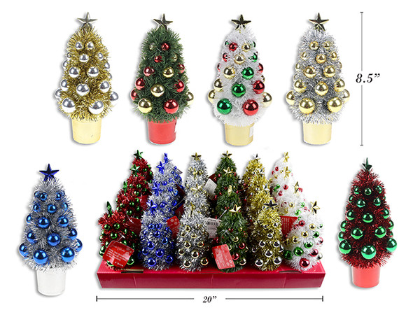 Tree w/ Ornaments & Star Tree Topper 8in (H) Tinsel 6 Asst. 24/ Dsp., MOQ:24