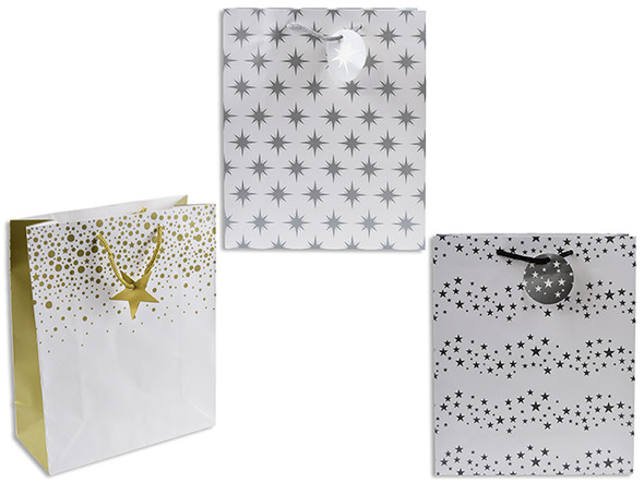 Gift Bags Large w/ Gift Tag, Xmas Matte Gold / Silver Star. 3 Asst. PP Handle. J- Hook., MOQ:12