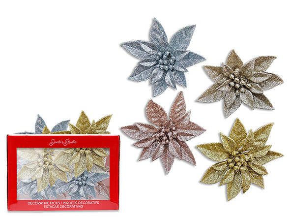 Picks 9in Glitter Poinsettia 4 Asst.Colours. Cht. 24/Dsp., MOQ:24