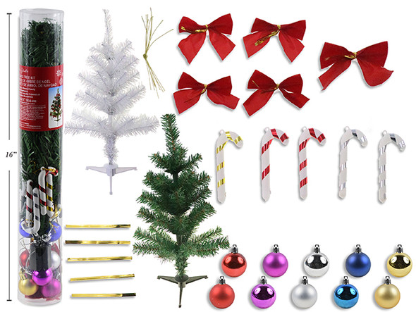 Tree Kit 15.75in Incl:5x Bows+5x Candy Cane+ 10x Ball Ornamanet. 24/Dsp. PVC Tube w/LBL., MOQ:8