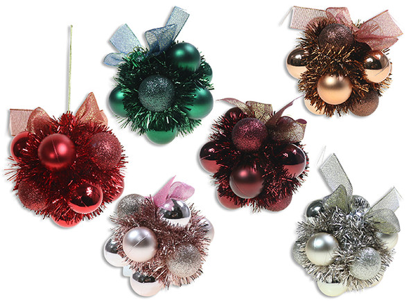 Ornaments-Balls 9.3cm(D) w/Tinsel Hanging Decoration. Ribbon Hanger. 6 Asst.Cols. Cht., MOQ:24