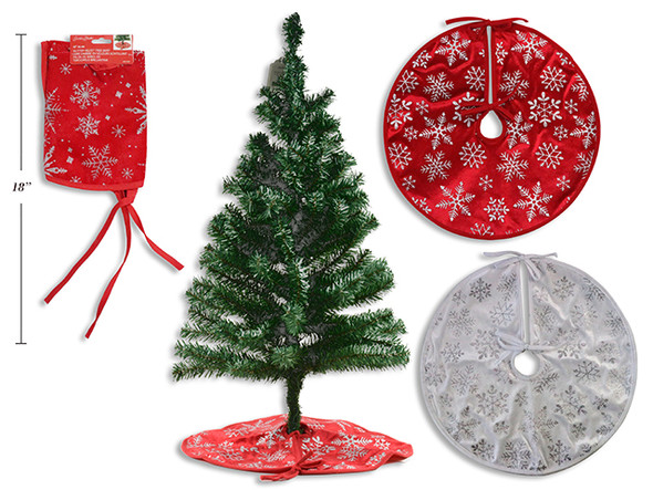 Tree Skirt 18in Glitter Snowflakes Velvet  2 Cols: Red / White. h/c., MOQ:12