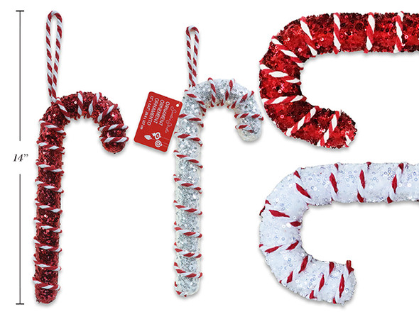 Candy Cane Ornament w/Cotton Hanger 12in x 4-5/8in Xmas Swirl Confetti . 2 Asst: White / Red. Cht, MOQ:24