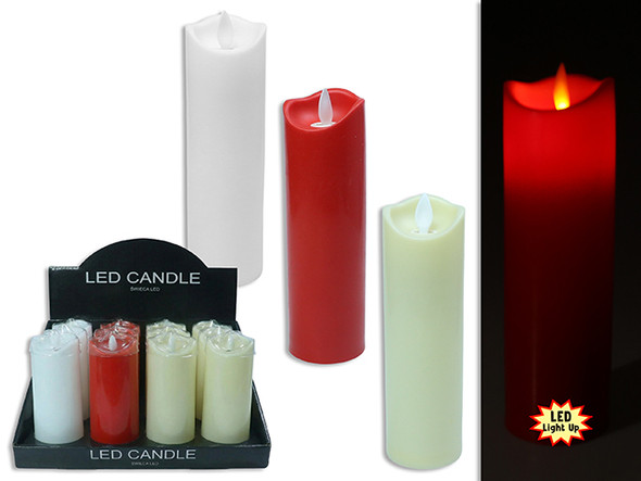 Candle 6.7in(H) Xmas B/O LED Xmas Swinging Flame Wax Warm White. 3 Cols. 12/Dsp., MOQ:12