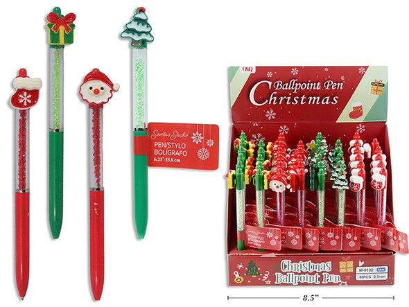 Pens 6.25in Xmas Crystal Rhinestone w/Tip-On. 4 Asst.Styles. 48/Dsp. English Only, MOQ:48