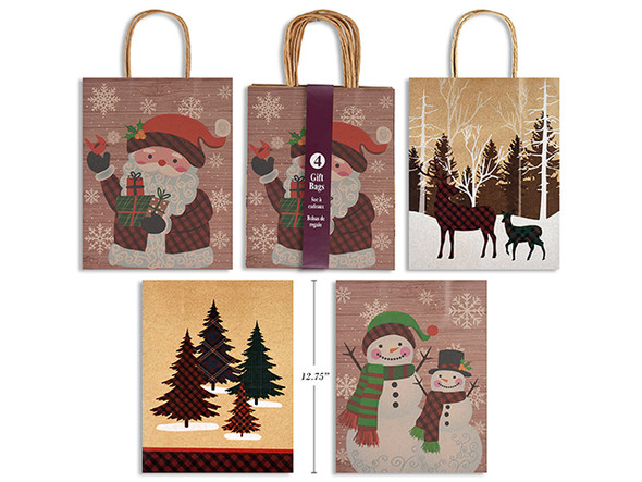 Gift Bags Medium 4pk Printed BrownKraft w/Twisted Brown Paper Handle. PaperBand, MOQ:12