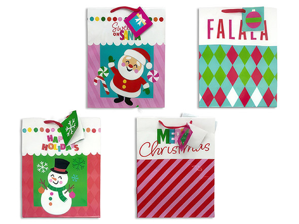 Gift Bags Large w/ Gift Tag, Xmas Glossy Sugar Rush. 4 Asst. PP Handle. J- Hook., MOQ: 12