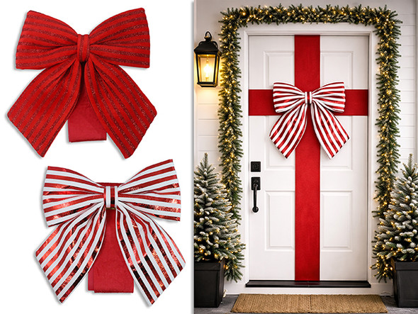 Door Bow w/Ribbon 15.75in x 11.8in Foil Stripe  Incl: 2-Ribbon. 2 Cols. Peggable Bag w/Col.Insert., MOQ:4