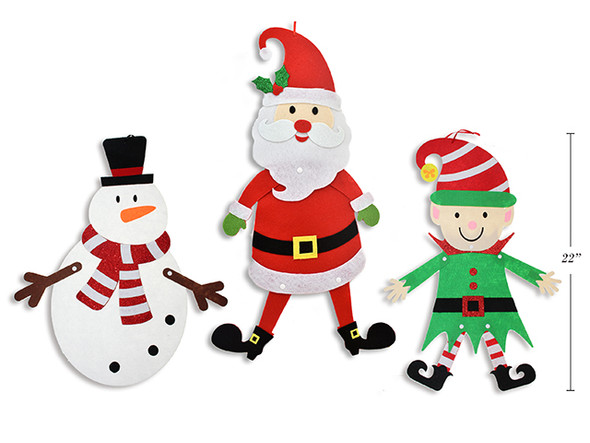Hanging Decoration w/ Glitter Felt Jointed  3 Asst.: Santa/ Snowman / Elf. Cht., MOQ:12