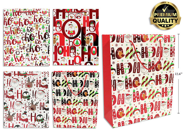Gift Bags Large Xmas Foil Hot Stamp HOHOHO Premium Matte 4 Asst. Rope Handle. J-Hook., MOQ:12