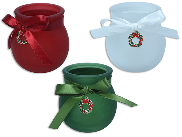 Candle Holder w/Pewter Wreath Toggle+Satin Ribbon 2.68in(D) x 2.7in(H) Frosted Glass .3 Cols., MOQ:24