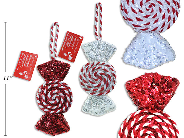 Ornaments-Swirl Confetti Candy w/Cotton Hanger 8-3/8in x 3.75in  2 Asst: White / Red. Cht, MOQ:24