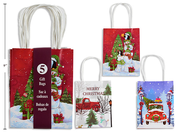 Gift Bags Small 5pk Xmas Matte 3 Asst Matte Finish w/Twisted White Paper Handle., MOQ:12