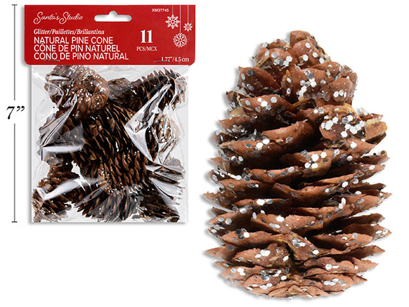 Pine Cone 11pk 1.77in x 0.8in Xmas Glitter Natural Pbh., MOQ:12