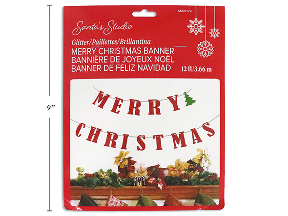 Banner 12ft Glitter MERRY CHRISTMAS Polybag w/Insert., MOQ:12