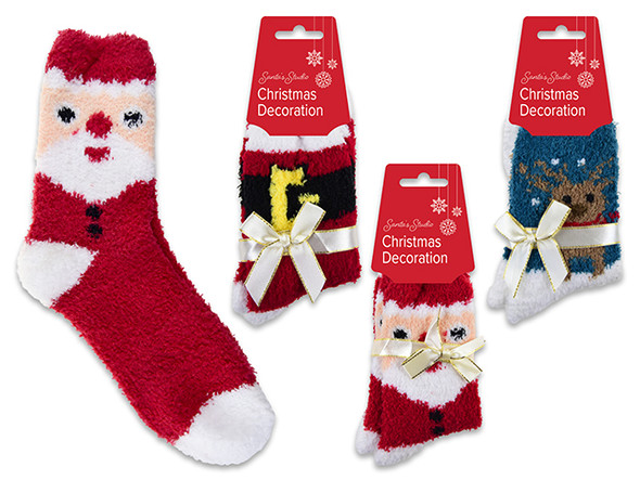 Socks w/ Ribbon Bow. 2pk Ladies Knitted Cozy,  3 Asst.Styles. Size: 6-7. J-hook w/Header., MOQ:12