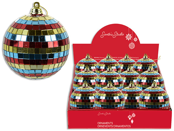Ornaments-Balls 80mm Xmas Multi-Coloured Disco/Tinsel Hanger. Cht. 12/Dsp., MOQ:12