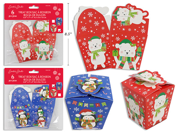 Treat Box-Paper 6pk 3-1/8in x 3in x 3in Xmas Printed Polar Bear / Penguin  2 Asst.Styles. Pbh., MOQ:12