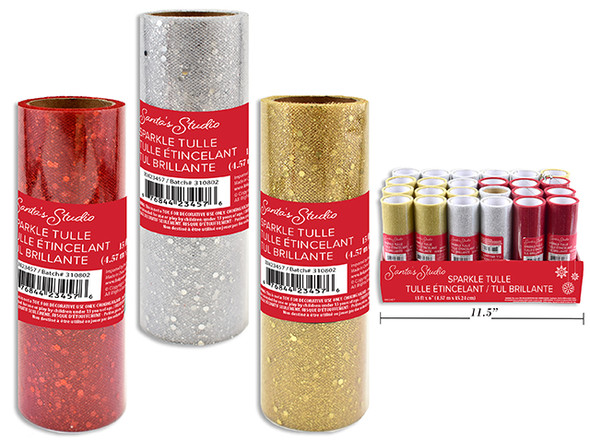 Tulle 5yd x 6 in Xmas Sparkle 3 Asst.: Red / Gold / Silver. 24/Dsp. Insert., MOQ:24