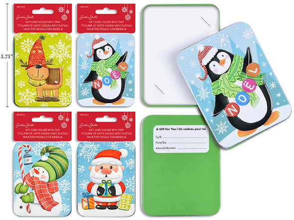 Gift Card Holder w/ Paper Tray & Gift Card Xmas 3D Embossed Tin 4 Asst.Styles. h/c., MOQ:12