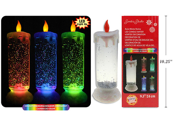 Candle Decoration 9.5in Xmas B/O 7-LED Col.Changing Glitter Water Vortex Pillar Colour Box., MOQ:4