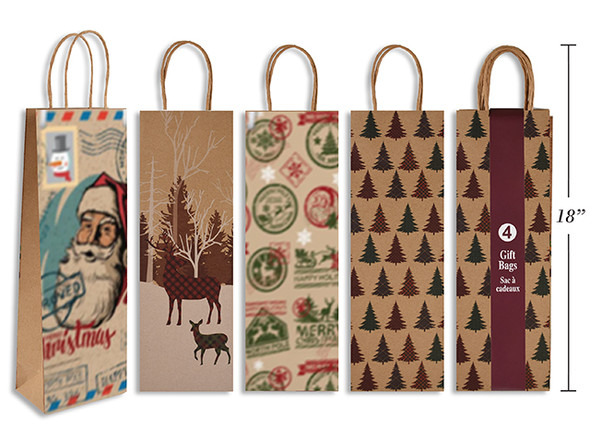 Gift Bags Bottles 4pk Xmas Printed 4 Asst. Brown Kraft w/Twisted Kraft Handle. Paper Band English Only, MOQ:12