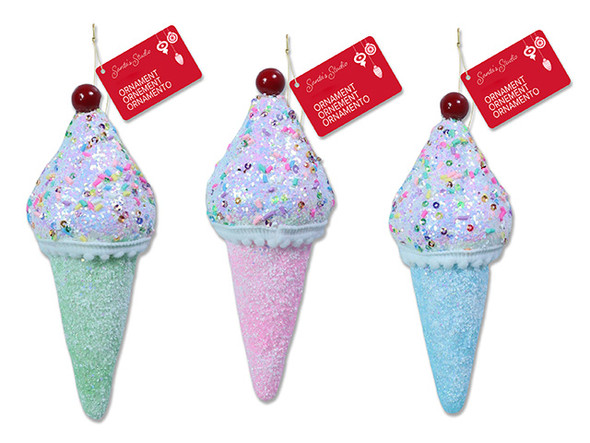 Ornaments-Glitter Snow Tipped Ice Crean Foam w/ Clear Hanger 6.7in(H) x  3 Asst. Cht., MOQ:24