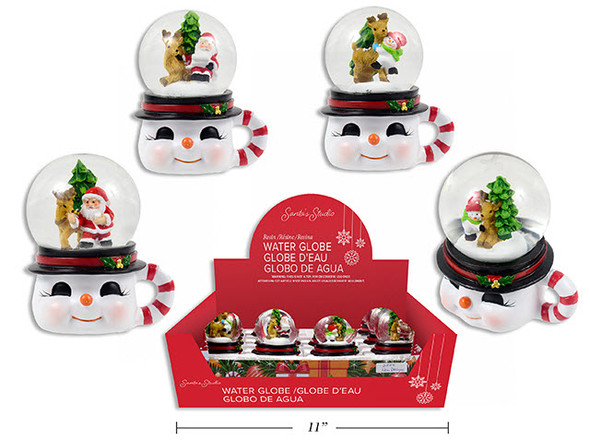 Water Globe 2.8in(H) Xmas Snowman/Santa Snowman Face Mug Base. 45mm Globe. 4 Asst. 12/Dsp., MOQ:12