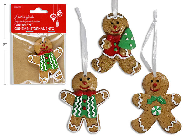 Ornaments- Polyresin Gingerbread Layered w/Satin Hanger.2-7/8in x 2.25in Xmas 3 Asst. Pbh., MOQ:24