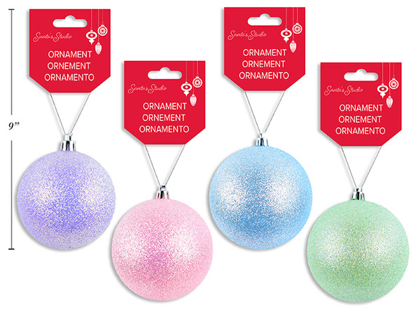 Ornaments-Balls 100mm Xmas Pastel Glitter 4 Asst: Blue / Purple / Green / Pink. h/c., MOQ:24
