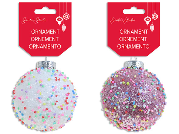 Ornaments-Balls 80mm Xmas Candy Shop Multi-Coloured Sprinkles Tinsel Hanger. 2 Cols. h/c., MOQ:24