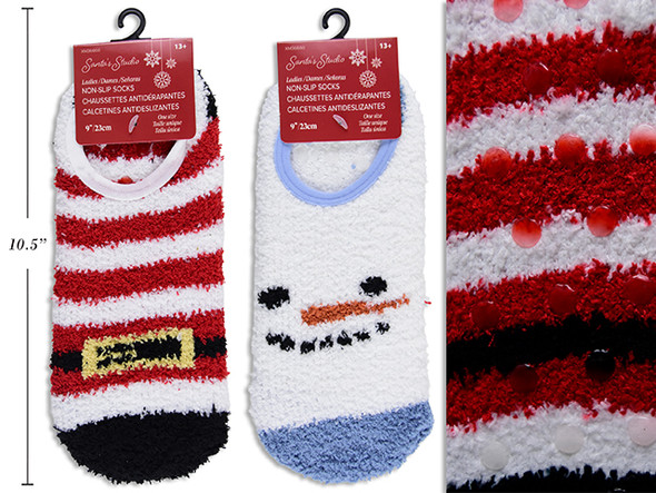Socks Ladies 9in Slippers Non-Slip Cozy One Size. 2 Asst.Styles. J-hook w/Header., MOQ:12