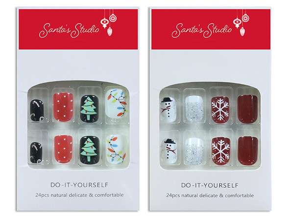 Press-on Nails 24pcs, 2 Tones Self-Adhesive. 2 Styles: Snowman / Xmas Tree. Col. Window Box., MOQ:12
